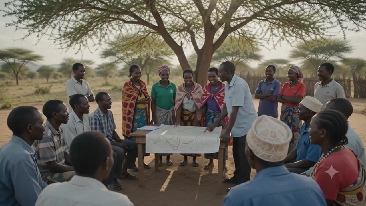 Members of a community gathered around a hand-drawn map, planning a project together.